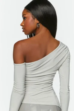 Ruched One-Shoulder Long-Sleeve Top