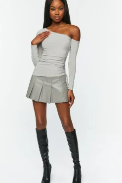 Ruched One-Shoulder Long-Sleeve Top
