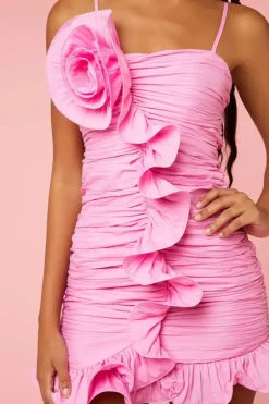Ruched Rosette Ruffle Mini Dress