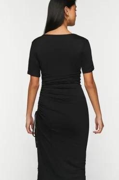 Ruched Short-Sleeve Midi Dress