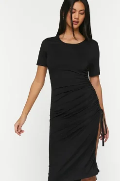 Ruched Short-Sleeve Midi Dress