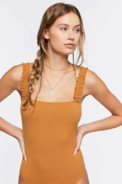 Ruched-Strap Ribbed Bodysuit