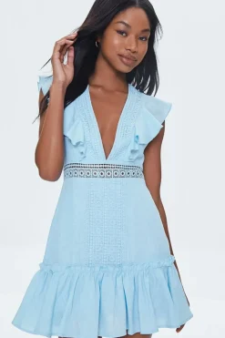 Ruffled Lace-Trim Cap-Sleeve Dress