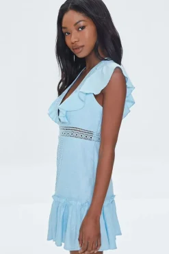 Ruffled Lace-Trim Cap-Sleeve Dress