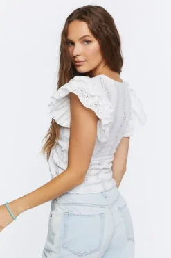 Ruffle-Trim Eyelet Crop Top