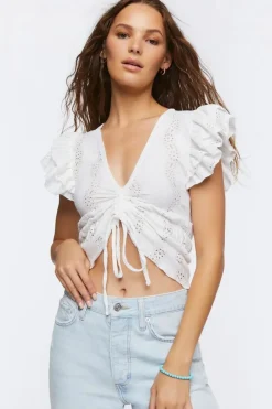 Ruffle-Trim Eyelet Crop Top