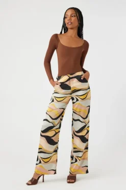 Satin Abstract Print Wide-Leg Pants