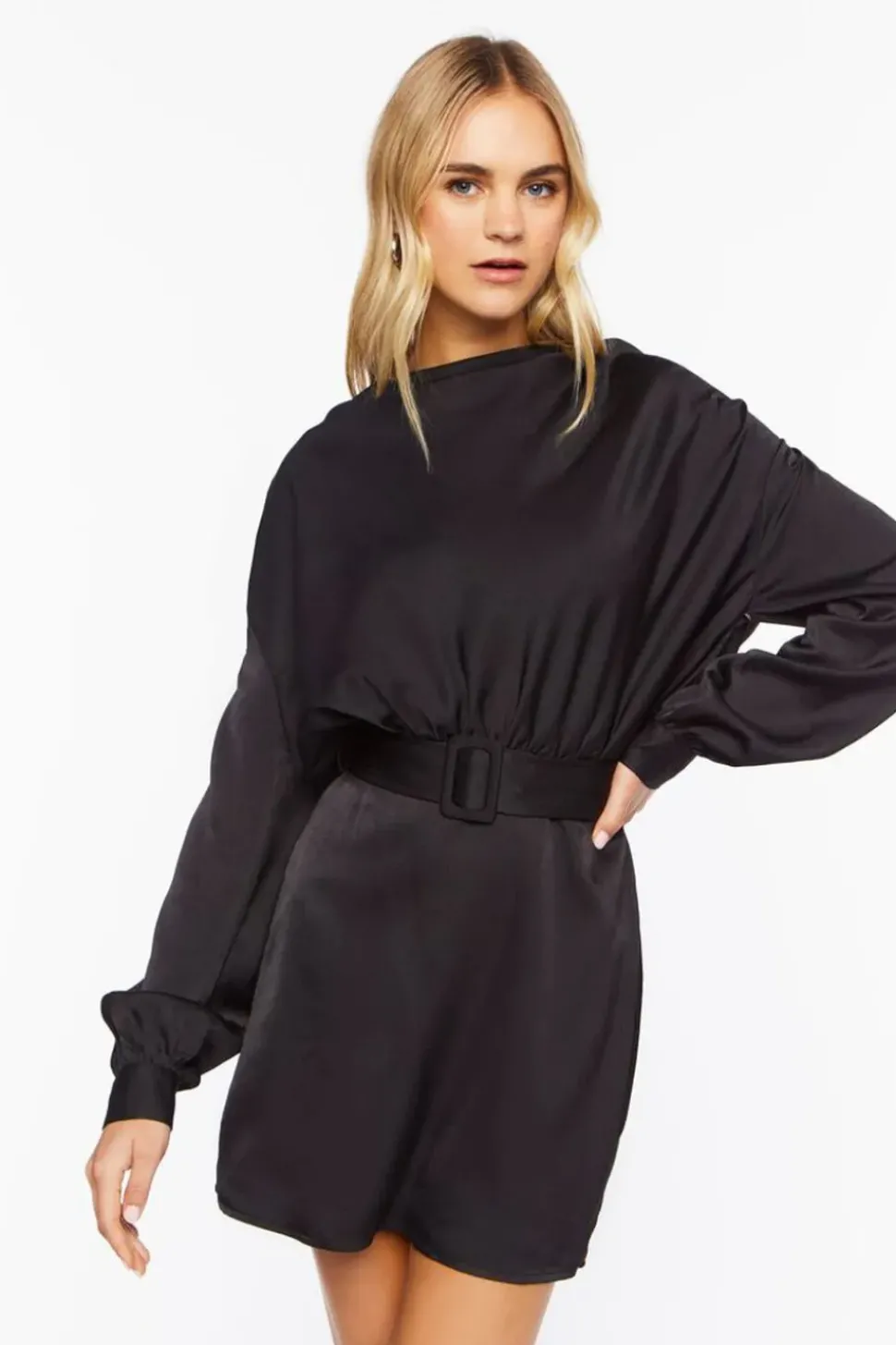Satin Belted Drop-Sleeve Mini Dress