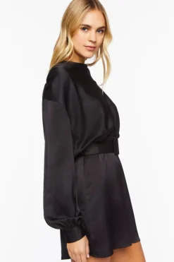 Satin Belted Drop-Sleeve Mini Dress