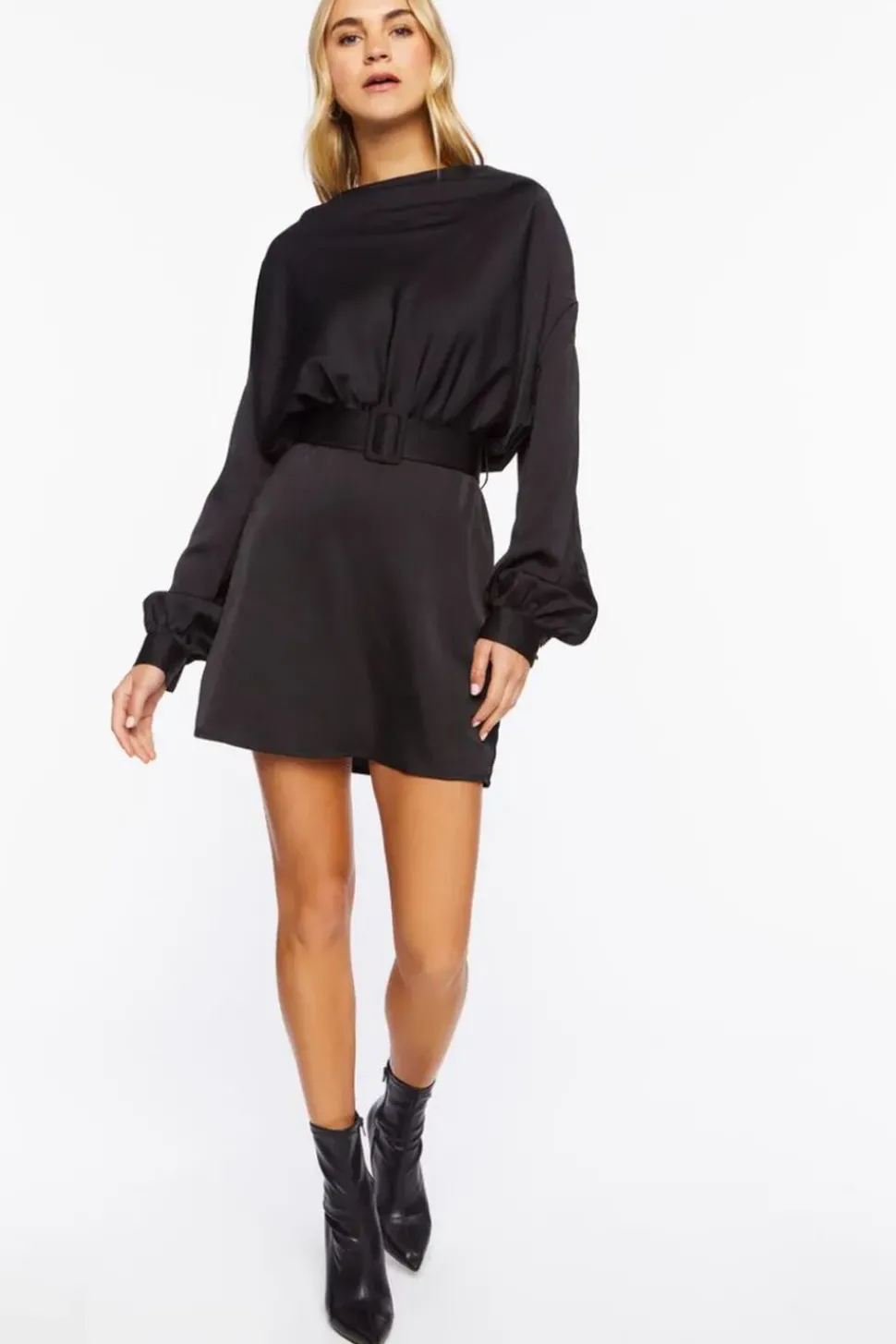 Satin Belted Drop-Sleeve Mini Dress