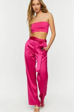 Satin Belted Straight-Leg Pants