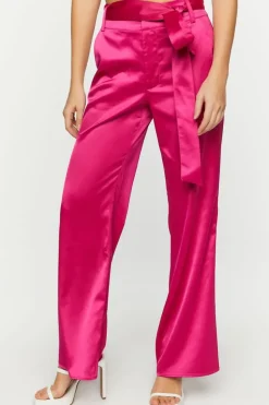 Satin Belted Straight-Leg Pants