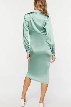 Satin Button-Front Wrap Midi Dress