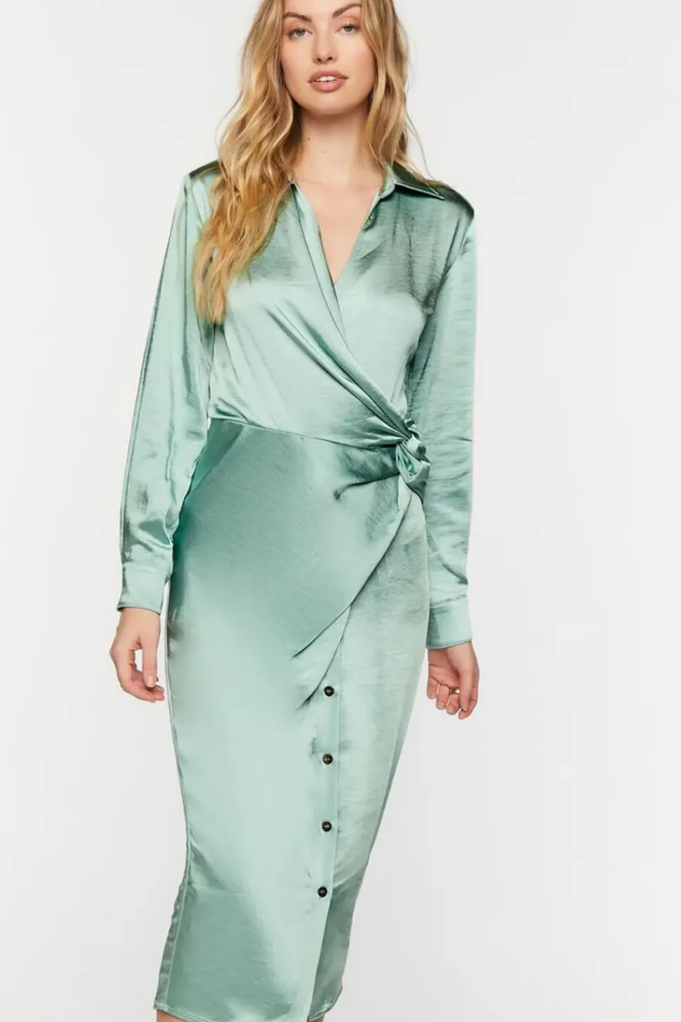 Satin Button-Front Wrap Midi Dress
