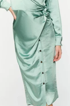 Satin Button-Front Wrap Midi Dress