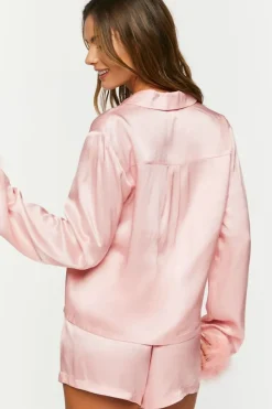 Satin Faux Fur-Trim Shirt & Shorts Pajama Set