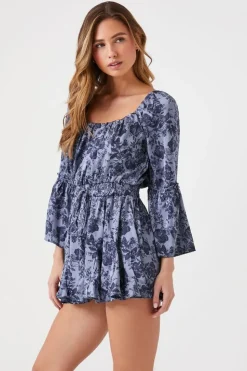 Satin Floral Bell-Sleeve Romper
