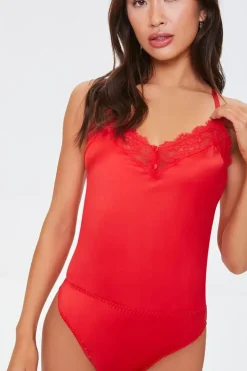Satin Floral Lace Lingerie Bodysuit