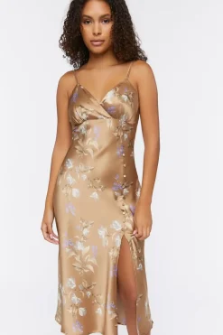 Satin Floral Print Midi Dress