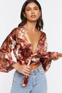 Satin Floral Print Tie-Front Top