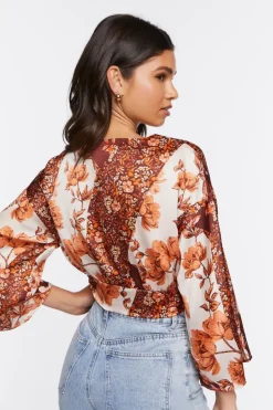 Satin Floral Print Tie-Front Top