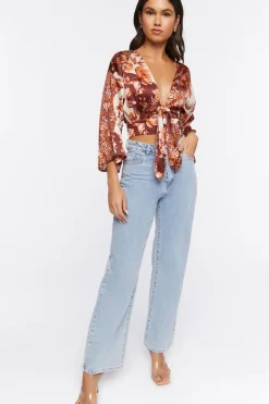 Satin Floral Print Tie-Front Top