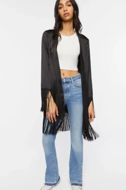 Satin Fringe-Trim Kimono