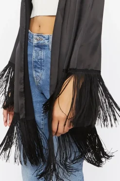 Satin Fringe-Trim Kimono