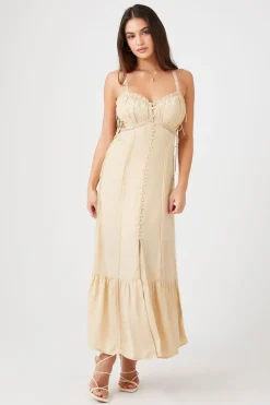 Satin Lace-Trim Cutout Midi Dress