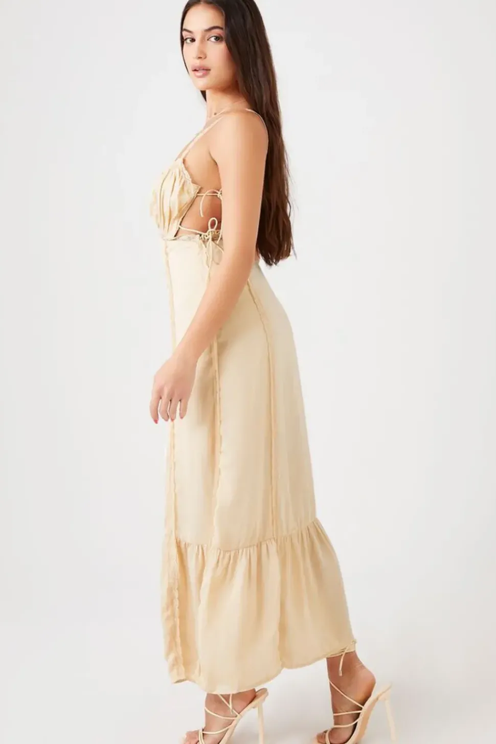 Satin Lace-Trim Cutout Midi Dress