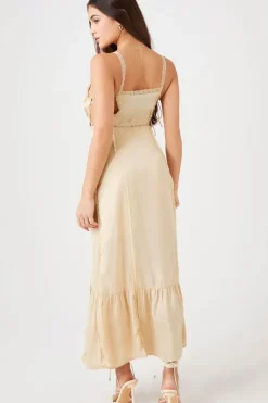 Satin Lace-Trim Cutout Midi Dress