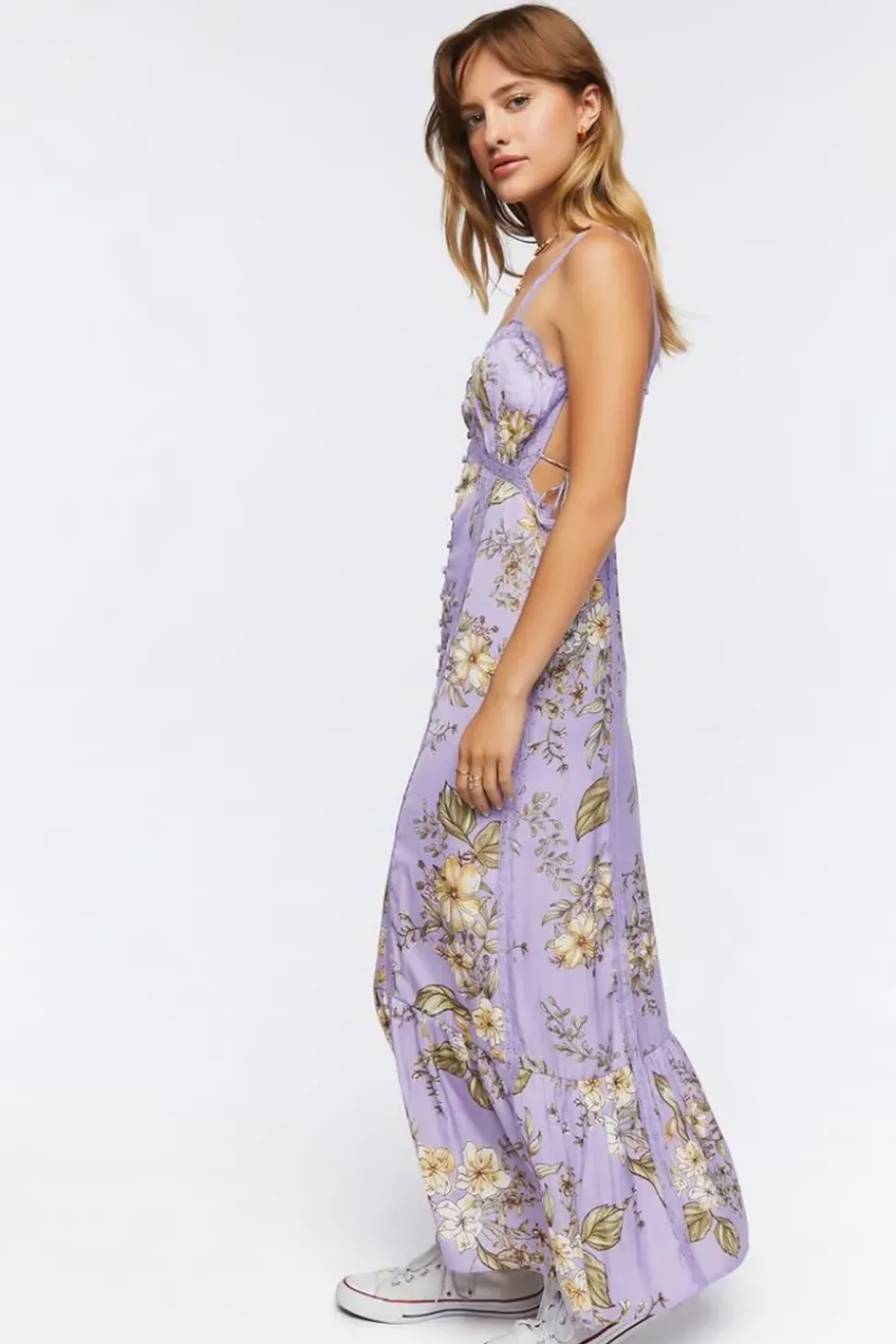 Satin Lace-Trim Midi Dress