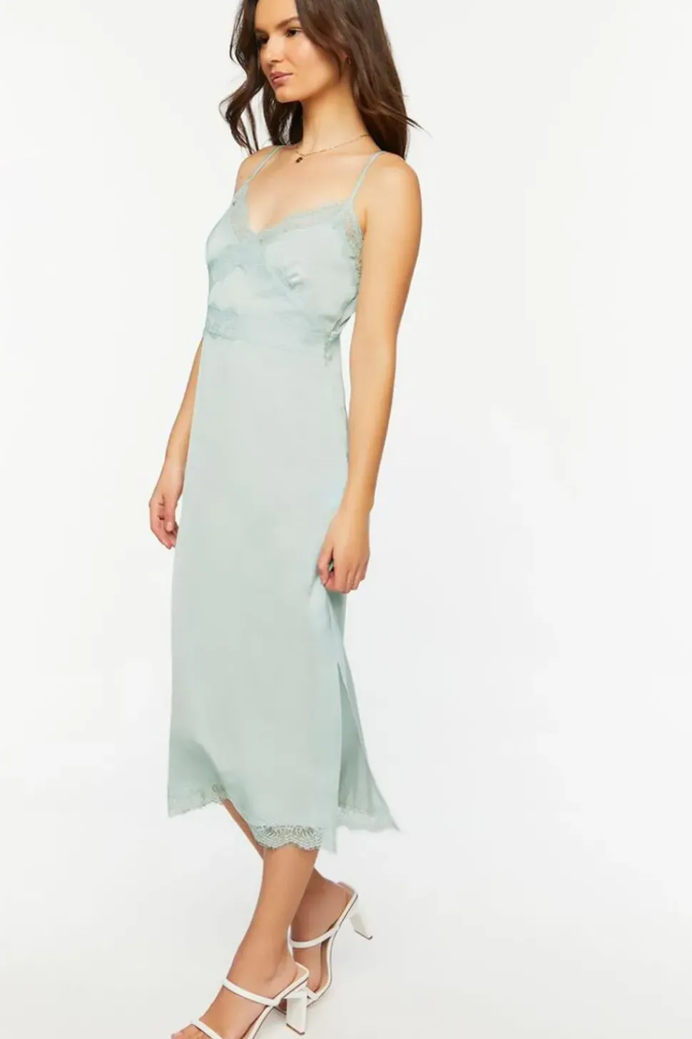 Satin Lace-Trim Midi Slip Dress
