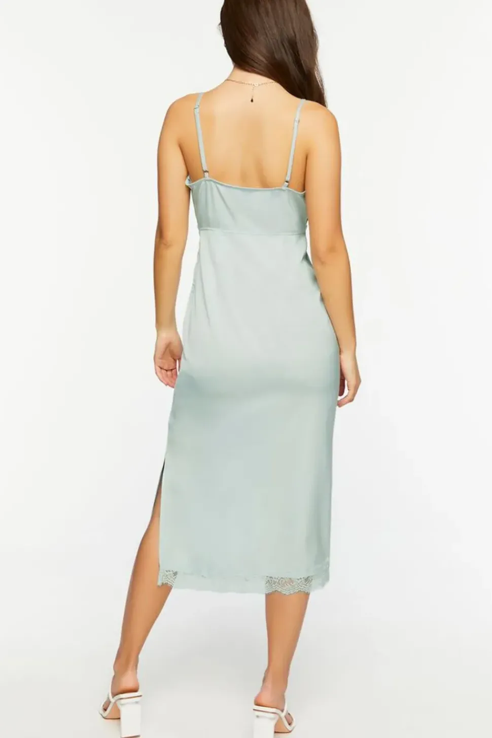 Satin Lace-Trim Midi Slip Dress