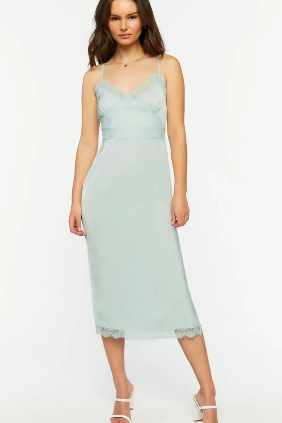 Satin Lace-Trim Midi Slip Dress