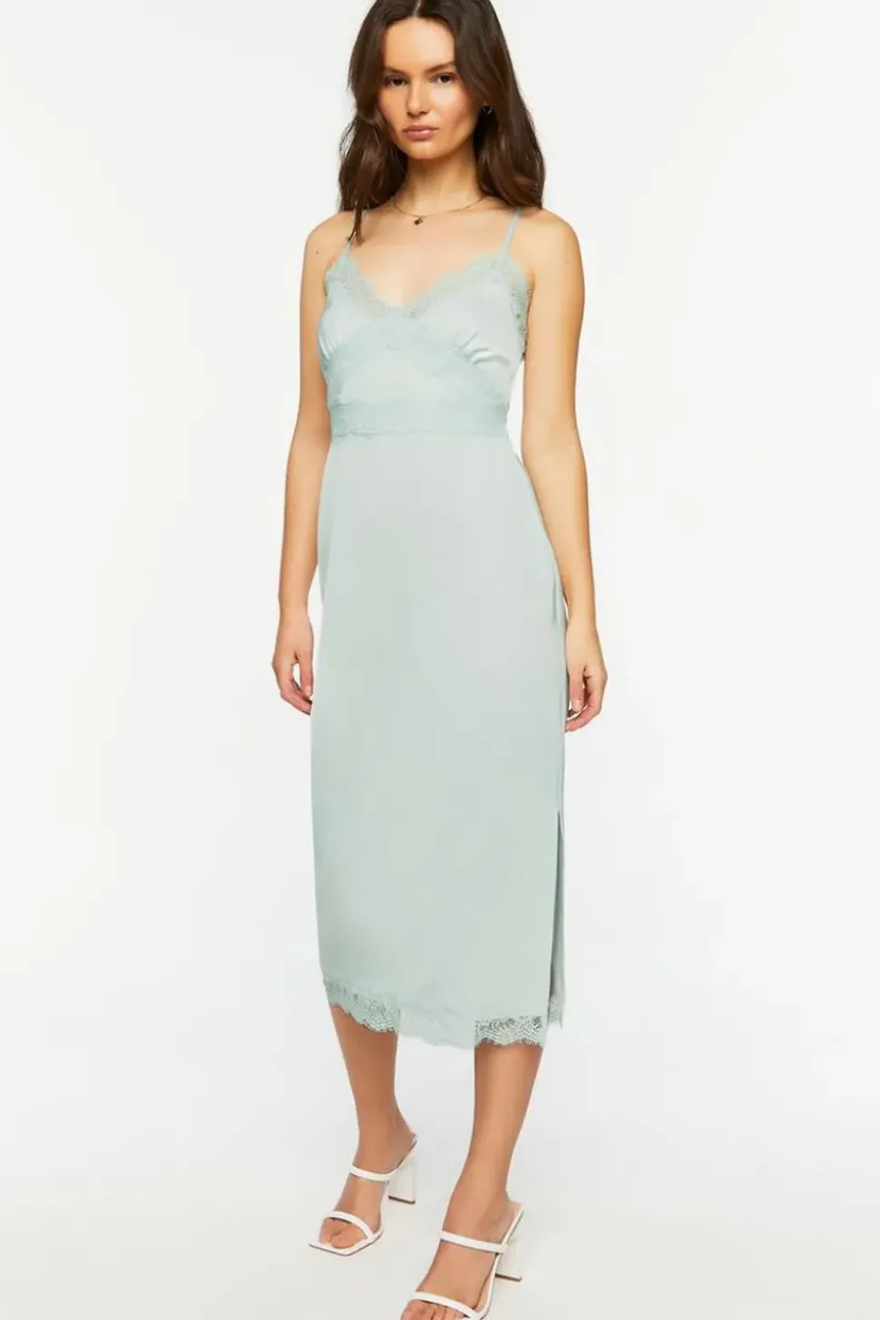 Satin Lace-Trim Midi Slip Dress