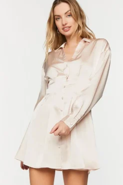 Satin Long-Sleeve Pleated Mini Dress