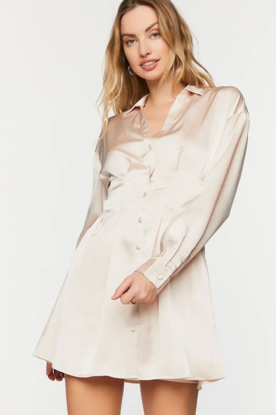 Satin Long-Sleeve Pleated Mini Dress