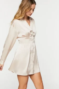 Satin Long-Sleeve Pleated Mini Dress