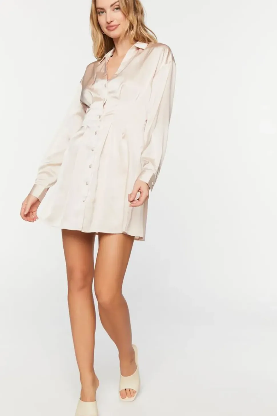 Satin Long-Sleeve Pleated Mini Dress