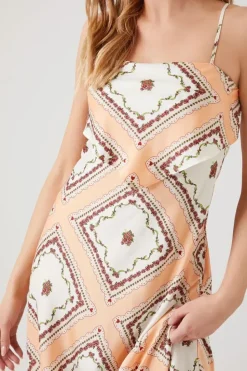 Satin Ornate Print Midi Dress