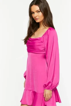 Satin Pintucked Flounce Mini Dress
