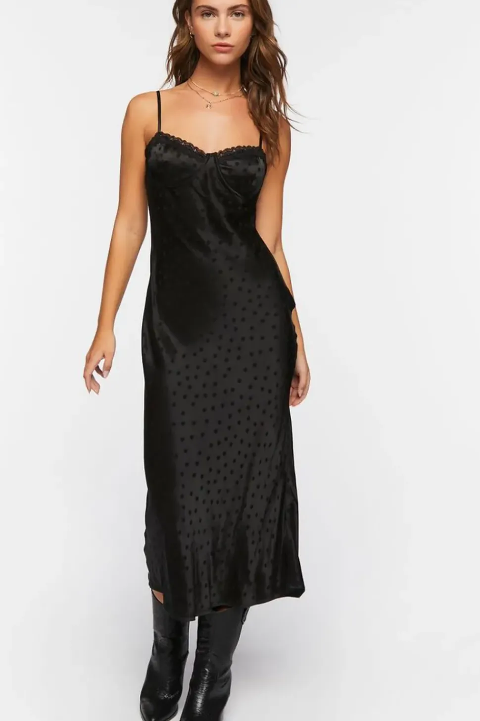 Satin Polka Dot Midi Slip Dress