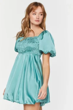 Satin Puff-Sleeve Babydoll Dress