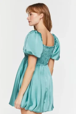 Satin Puff-Sleeve Babydoll Dress