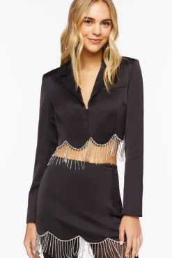 Satin Rhinestone Fringe Blazer