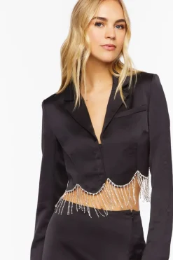 Satin Rhinestone Fringe Blazer
