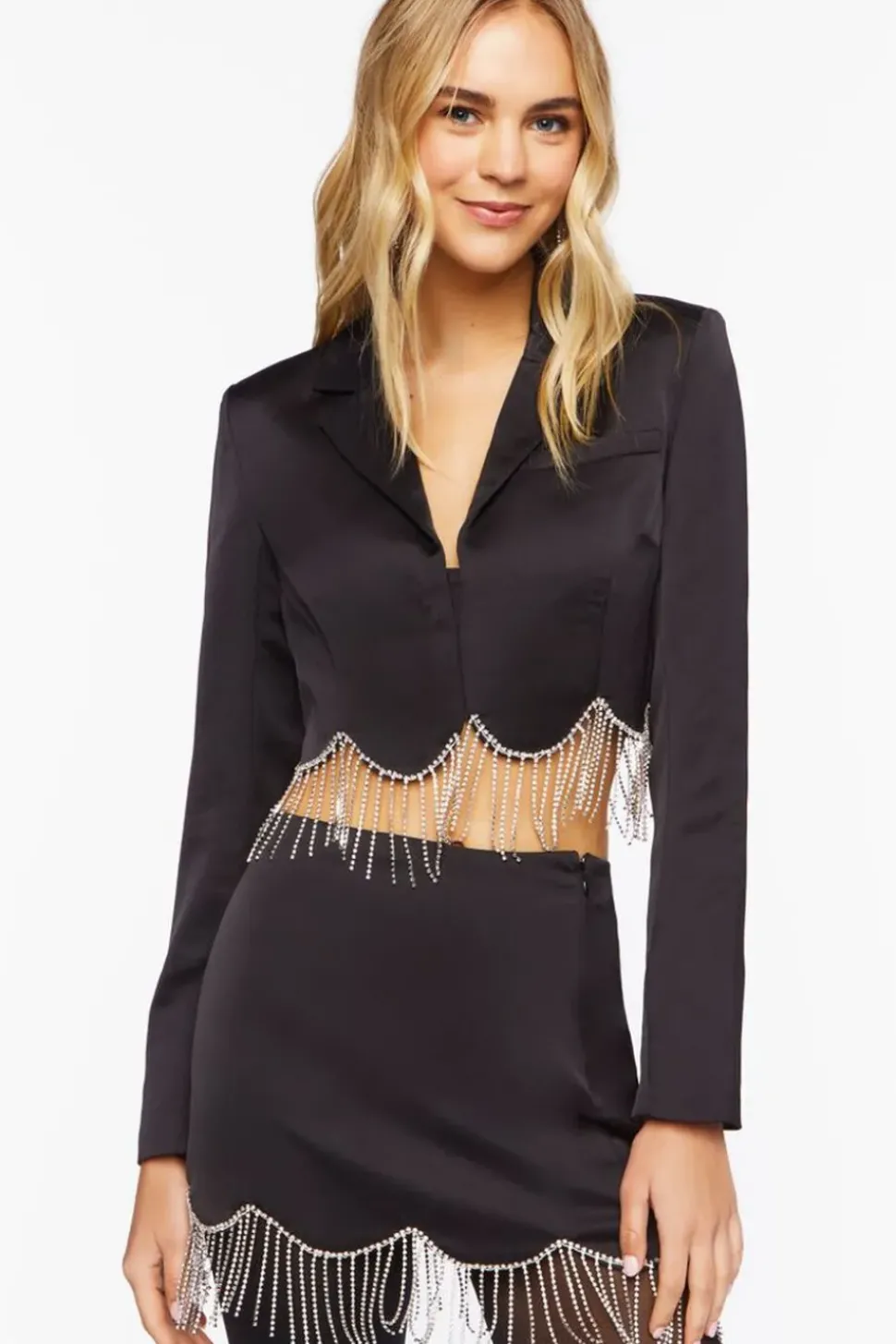 Satin Rhinestone Fringe Mini Skirt