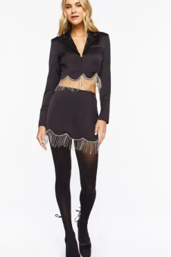 Satin Rhinestone Fringe Mini Skirt