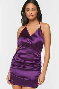 Satin Ruched Halter Mini Dress